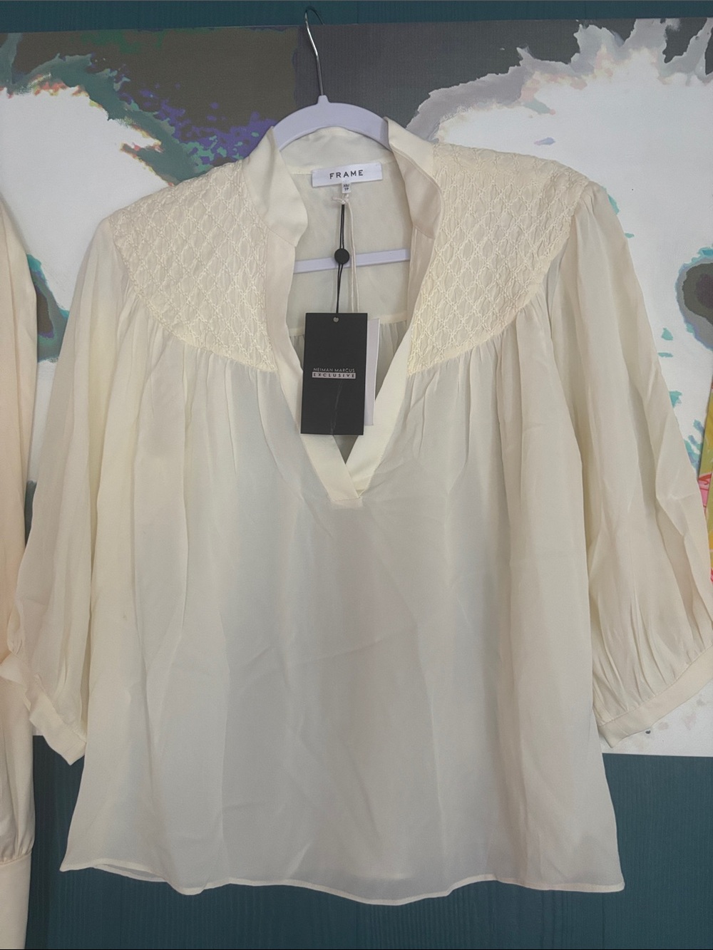 Frame Neiman Marcus  Ivory Smocked-Yoke V-Neck Blouse